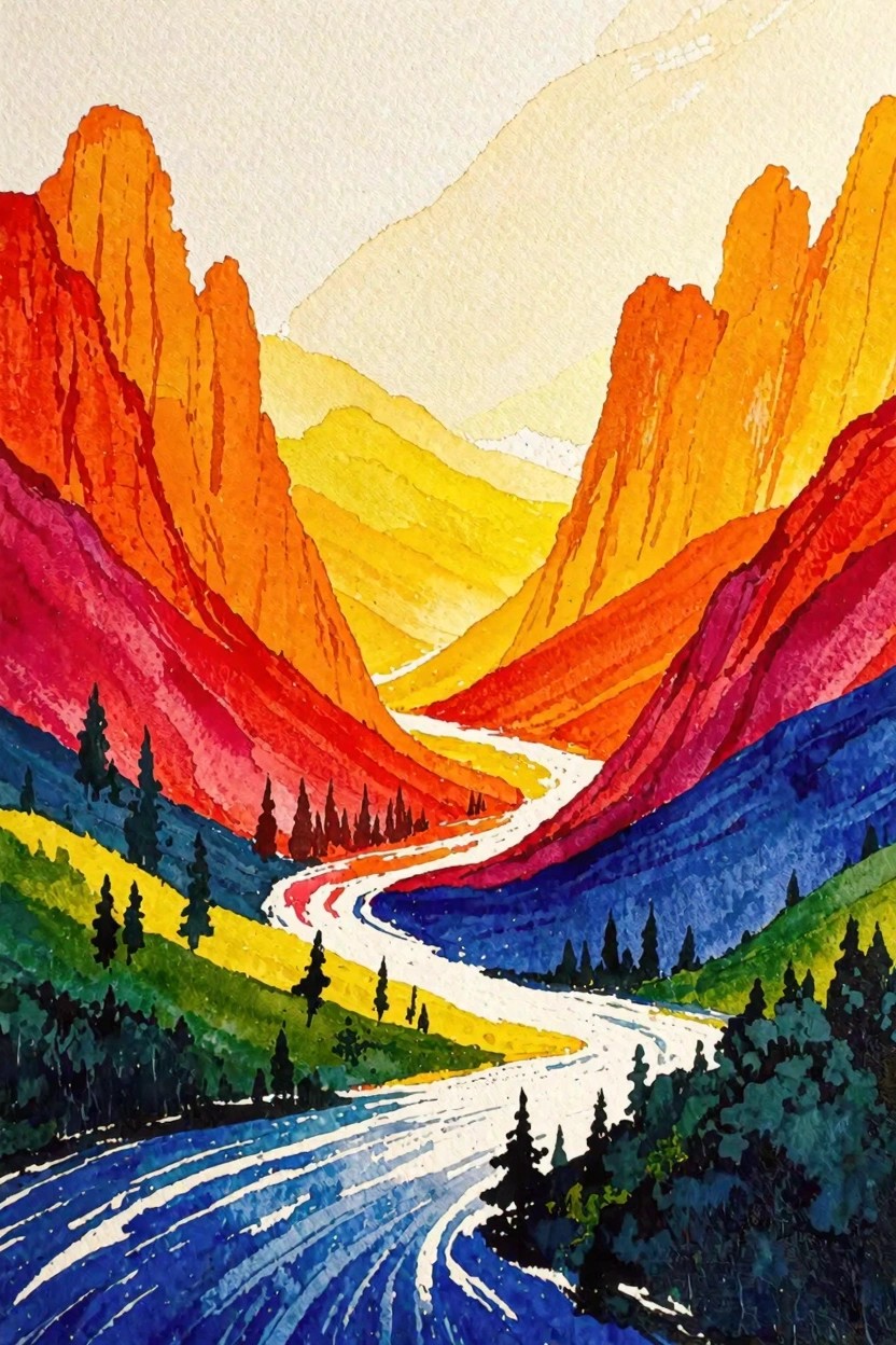 A watercolor landscape painting showing a winding white river flowing through steep mountains painted in bright orange, red, yellow, pink, and blue layers with dark trees in the foreground.