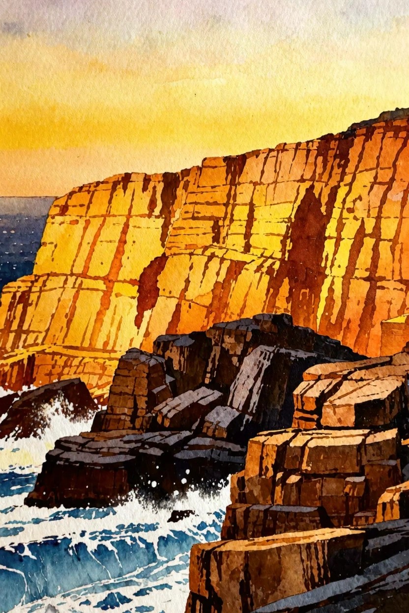 Watercolor painting of sunlit orange cliffs with crashing blue waves at sunset.