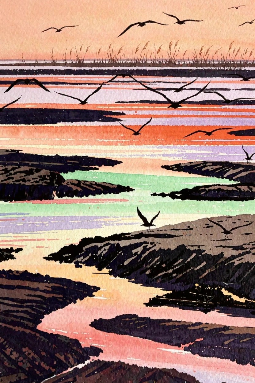 Stylized sunset landscape of striped waters with silhouetted birds over dark rocks
