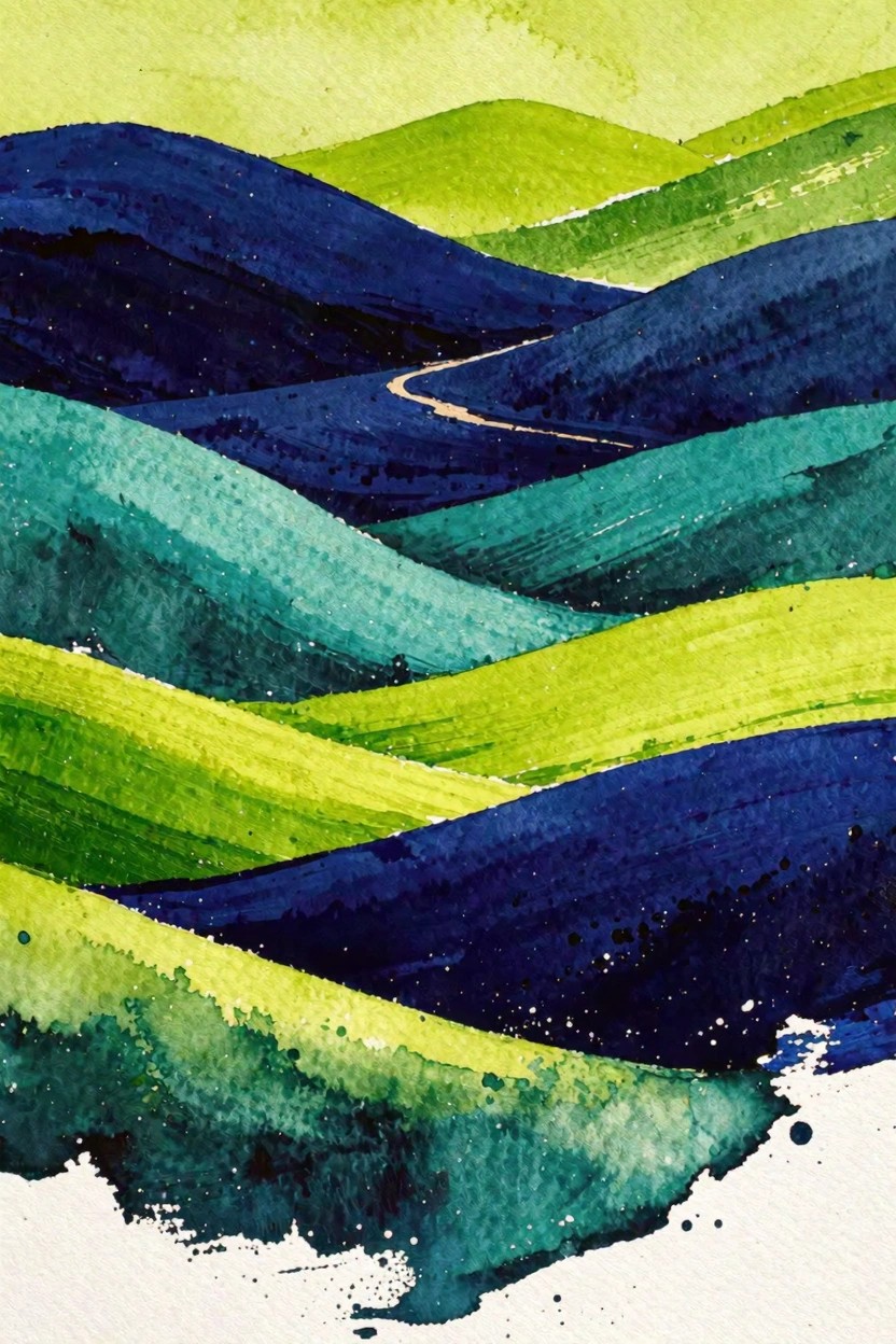 Vibrant watercolor landscape of layered hills with winding path and starry splatters.