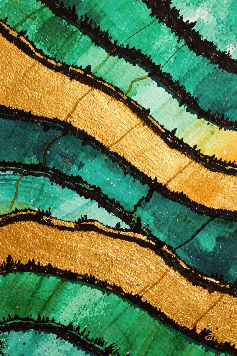 Abstract artwork with golden wavy bands on textured green-blue watercolor with black edges