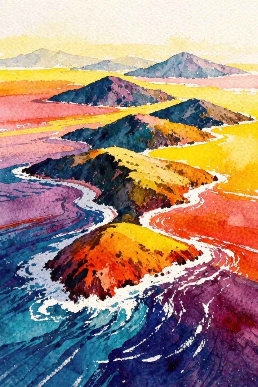 Vibrant watercolor landscape of colorful hills, mountains, and winding waterways