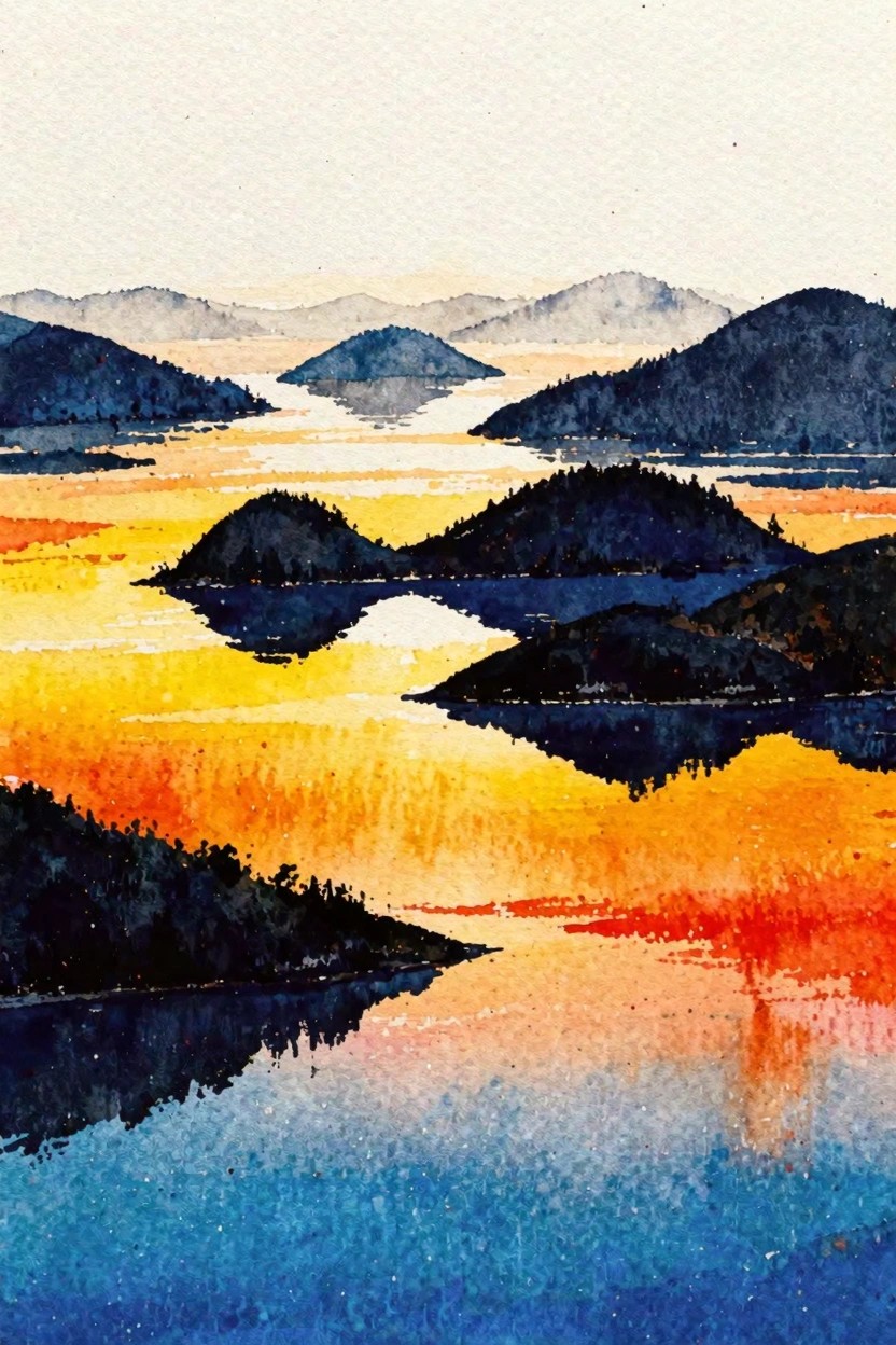 Watercolor landscape of silhouetted islands reflecting vibrant orange and yellow sunset hues.
