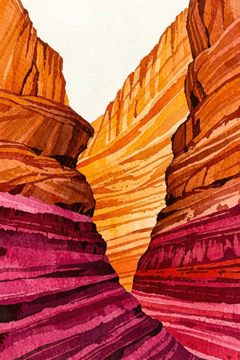 Vibrant watercolor of a narrow slot canyon with layered orange and magenta rock walls