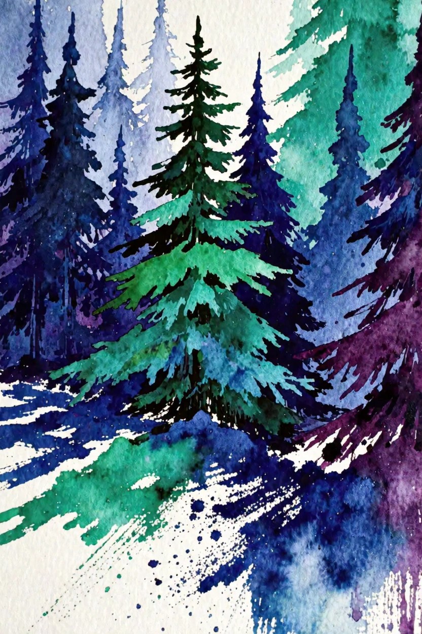 Watercolor painting of snowy pine forest with layered trees in blues and greens.