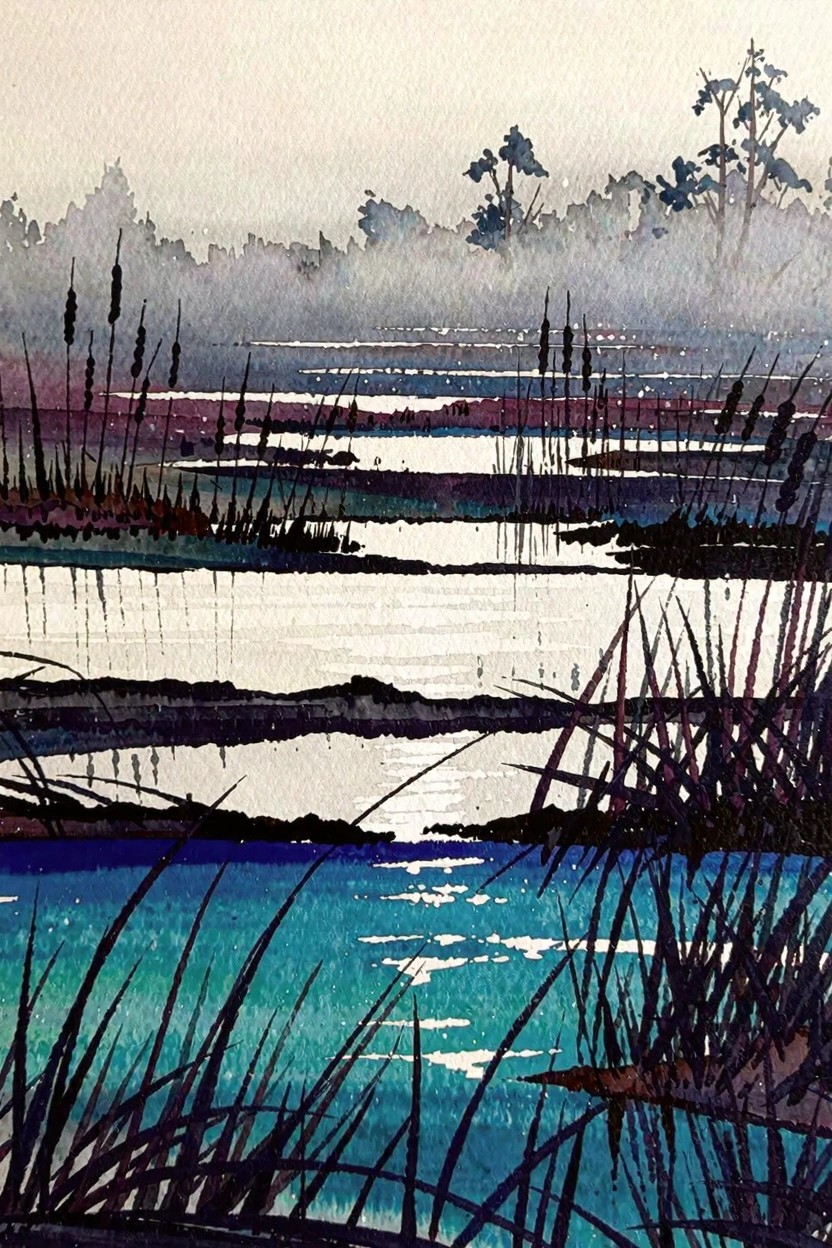 Watercolor marsh with dark reeds reflecting in turquoise water and misty trees.