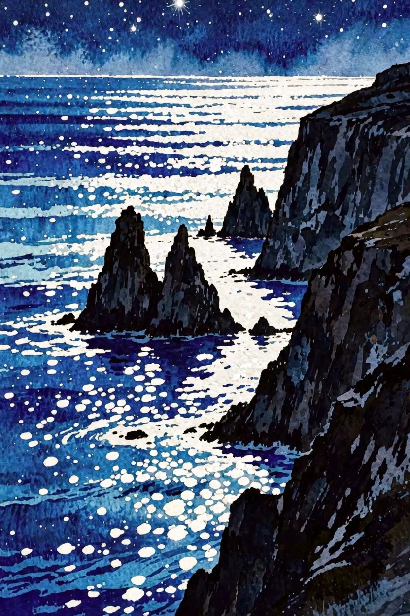 Starry night sky over moonlit ocean with dark rocky cliffs and sea stacks