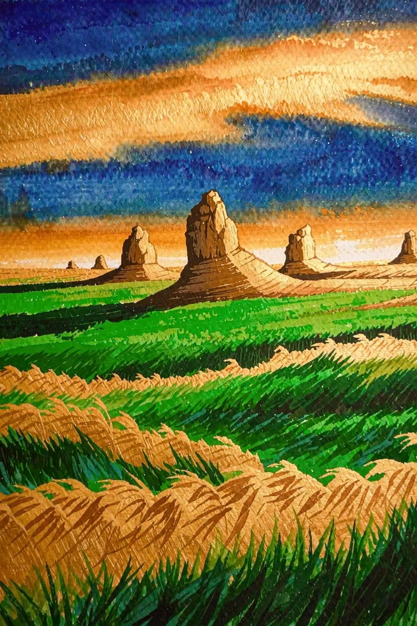 Watercolor landscape painting of desert buttes under a sky with wide horizontal bands of orange and blue, with green and golden textured fields in the foreground.