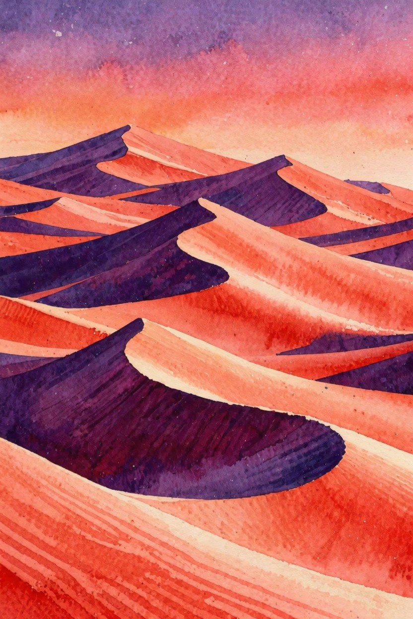 Watercolor of layered purple and orange sand dunes at sunset