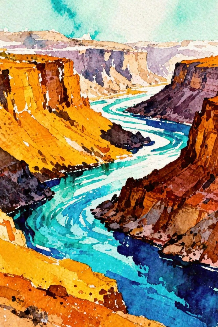 Watercolor of winding turquoise river through vibrant orange and purple canyon cliffs