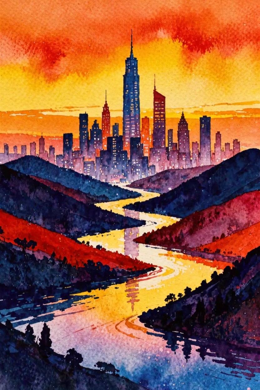 Watercolor cityscape at sunset with winding river between colorful hills and lit skyscrapers.