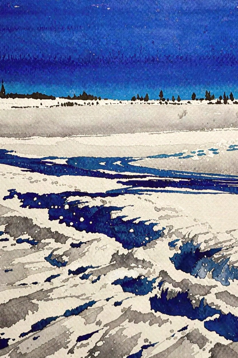 Watercolor winter landscape with deep blue sky, snow drifts, and silhouetted trees