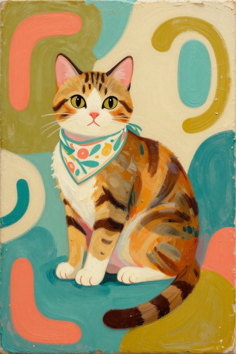 A painting of an orange tabby cat wearing a colorful bandana sits against a background of large curved shapes in teal, coral, olive, and yellow.