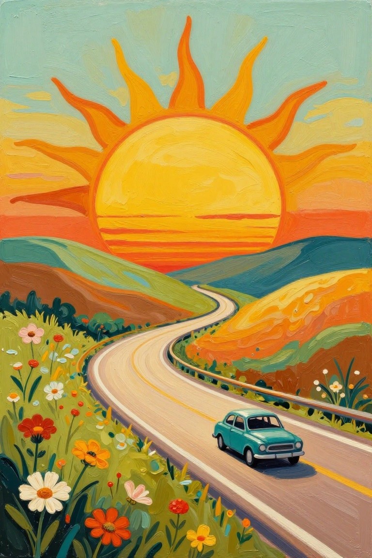 Teal vintage car on winding road amid colorful wildflowers under vibrant orange sunset sun