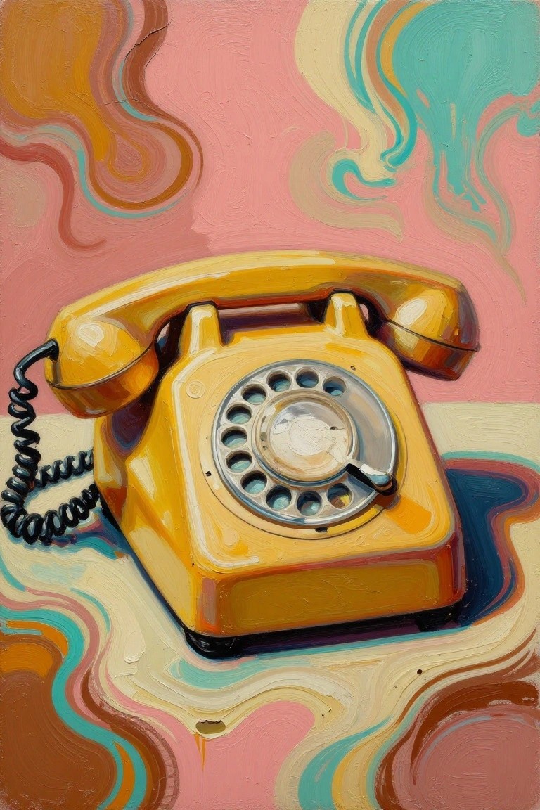 A yellow rotary telephone sits on a surface with swirling pink, teal, and brown abstract shapes in the background.