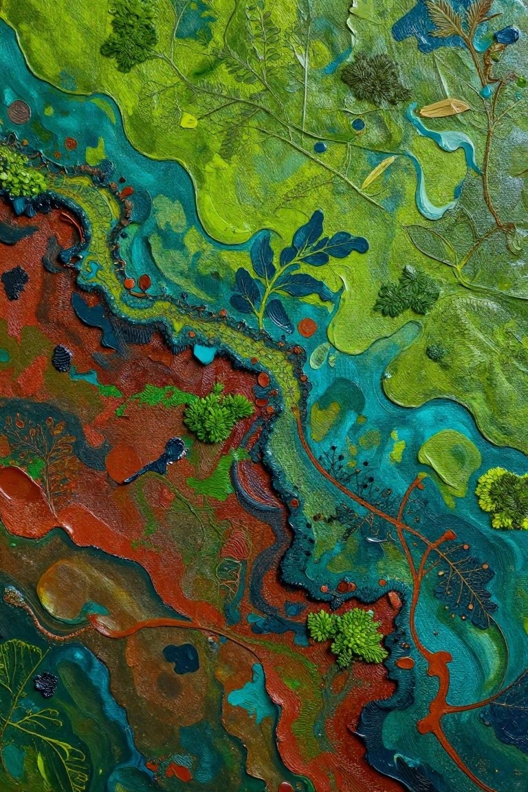Vibrant mixed-media artwork with textured green foliage, flowing blue and red layers.