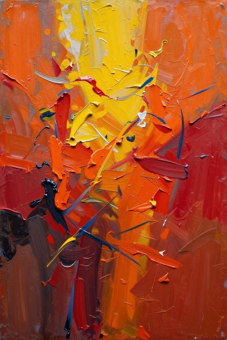 Abstract painting with thick impasto strokes in vibrant orange, yellow, and red.