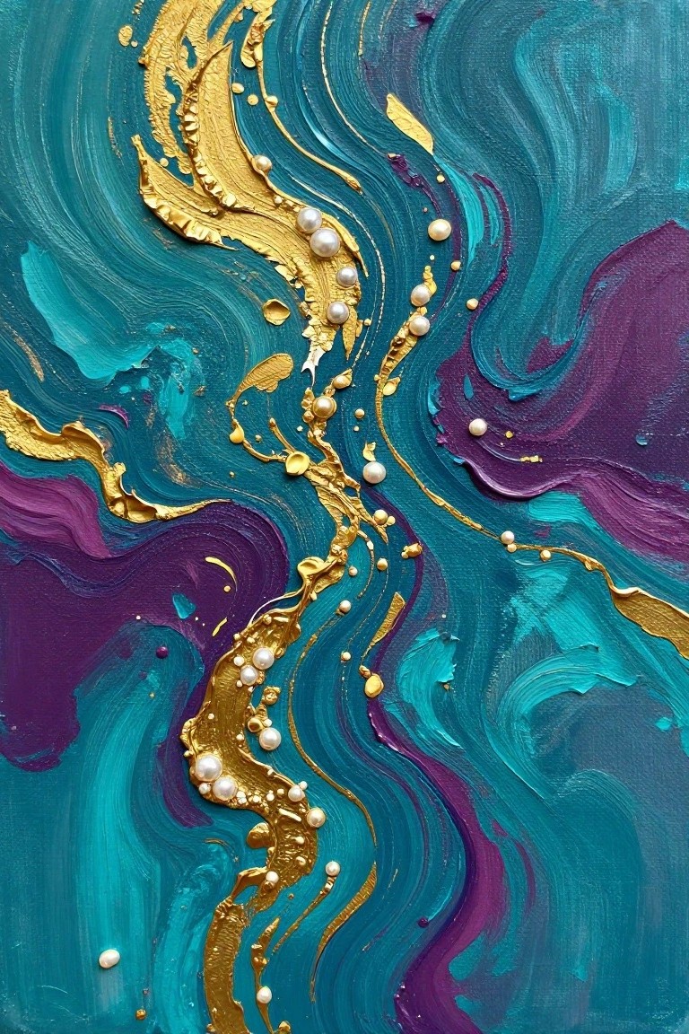 Abstract painting with swirling teal and purple thick paint, irregular gold lines, and scattered white pearl beads.