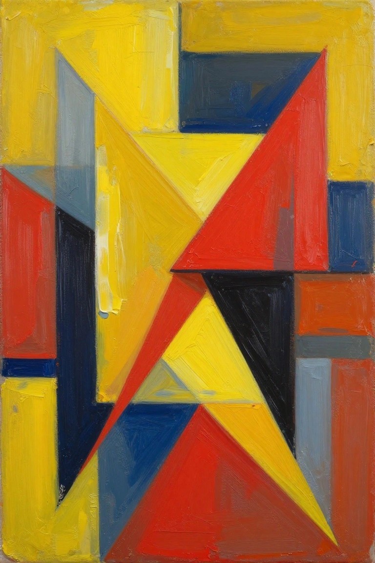 An abstract painting made of overlapping geometric shapes in yellow, red, blue, black and orange with thick textured paint.