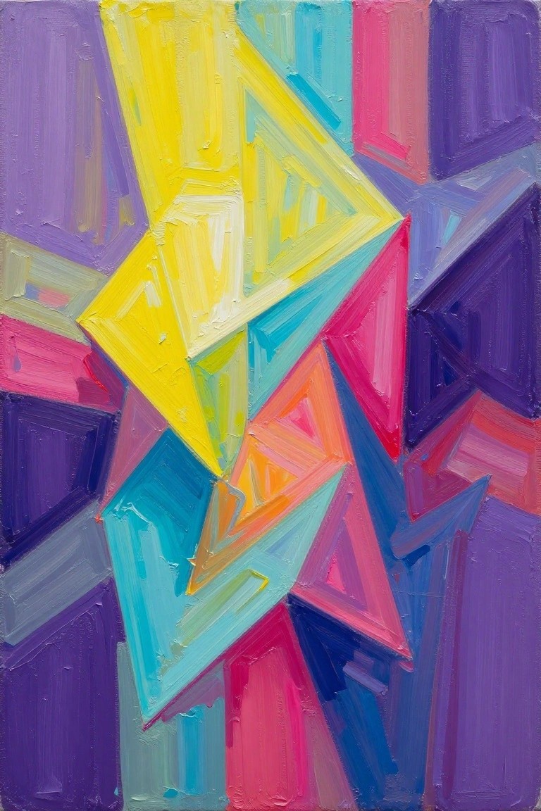 Vibrant abstract painting of overlapping geometric triangles in bright yellows, pinks, and blues.