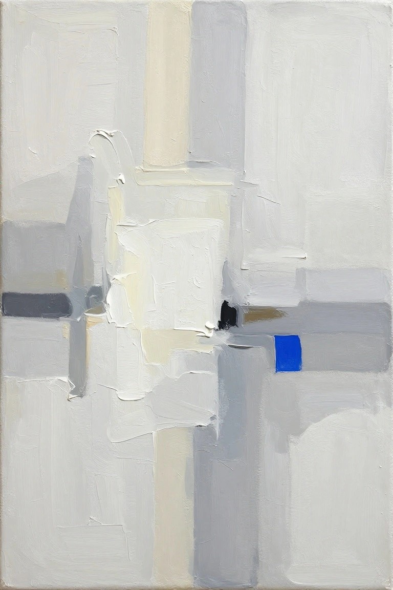 Abstract painting of textured gray, white, and beige shapes with blue accent
