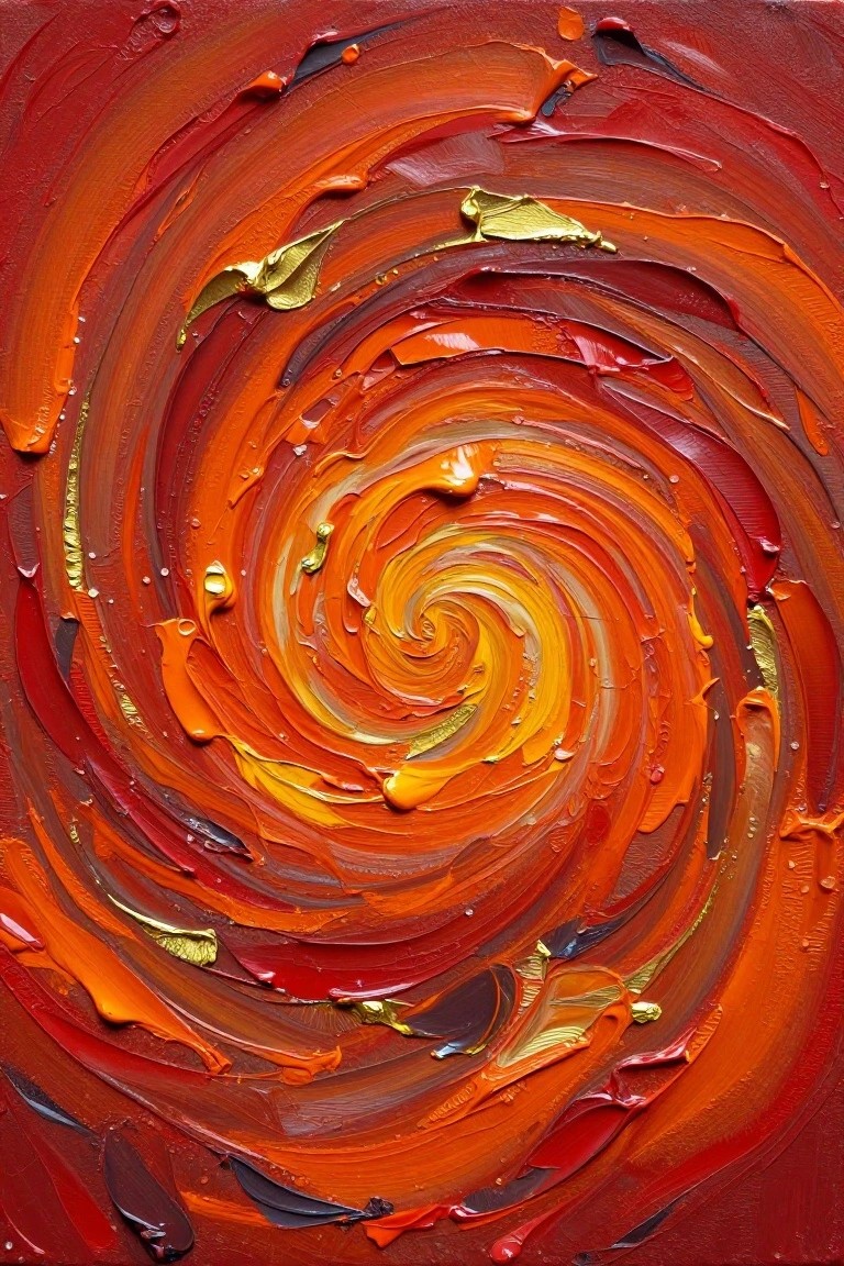 Swirling vortex of thick red, orange, and yellow paint with gold accents.
