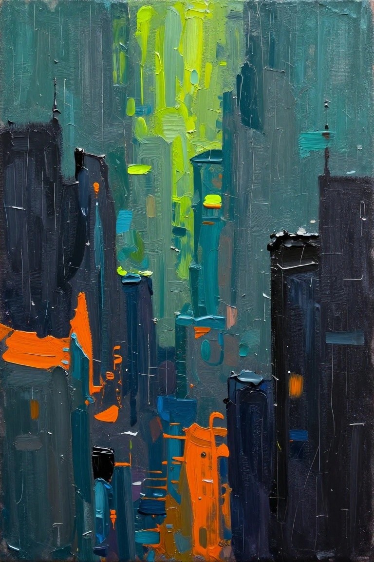Abstract cityscape painting with bold brushstrokes in neon green, orange, and dark blue.