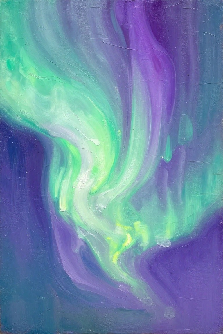 Abstract painting with swirling green, purple, and blue brushstrokes like aurora borealis