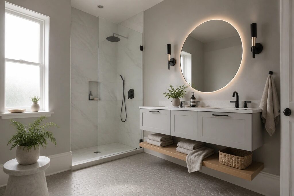 Light gray walls in a bathroom with a floating vanity and marble shower.