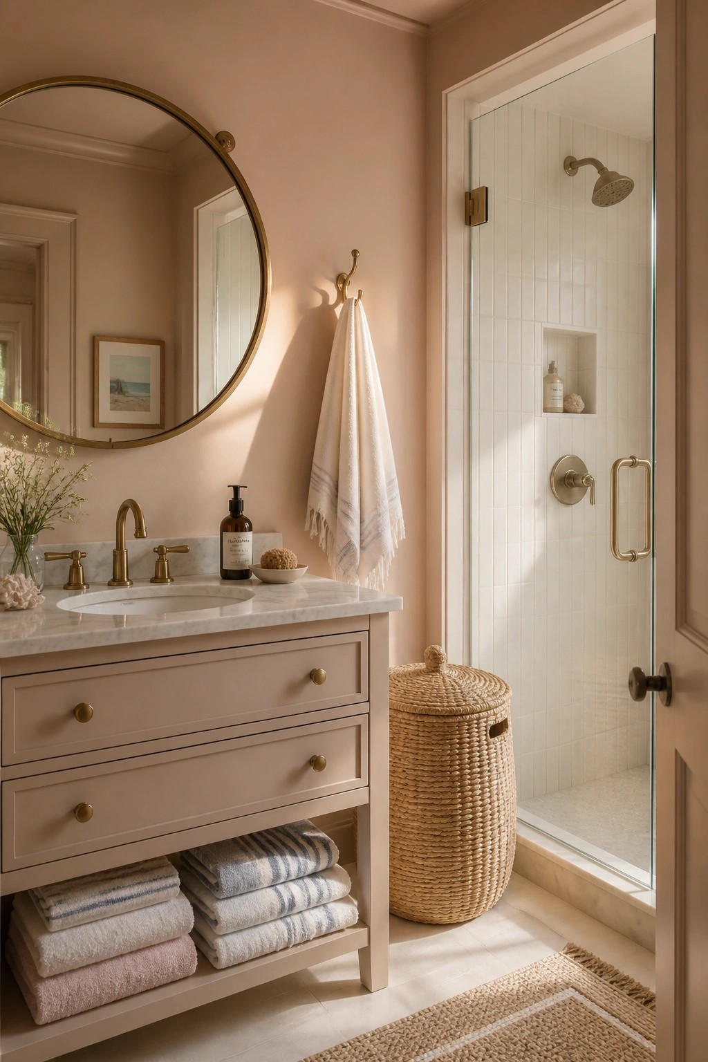 A bathroom with soft blush beige walls and a matching painted vanity.
