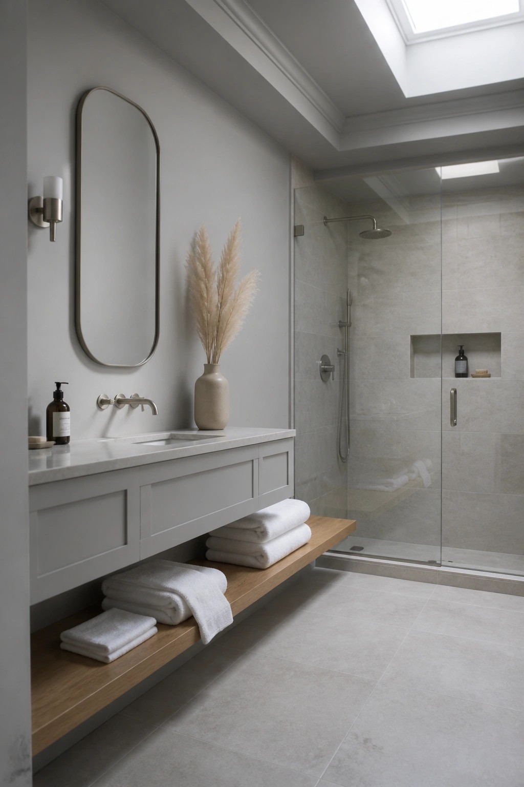 Light gray walls and matching vanity in a modern bathroom with wood shelves and marble counters.