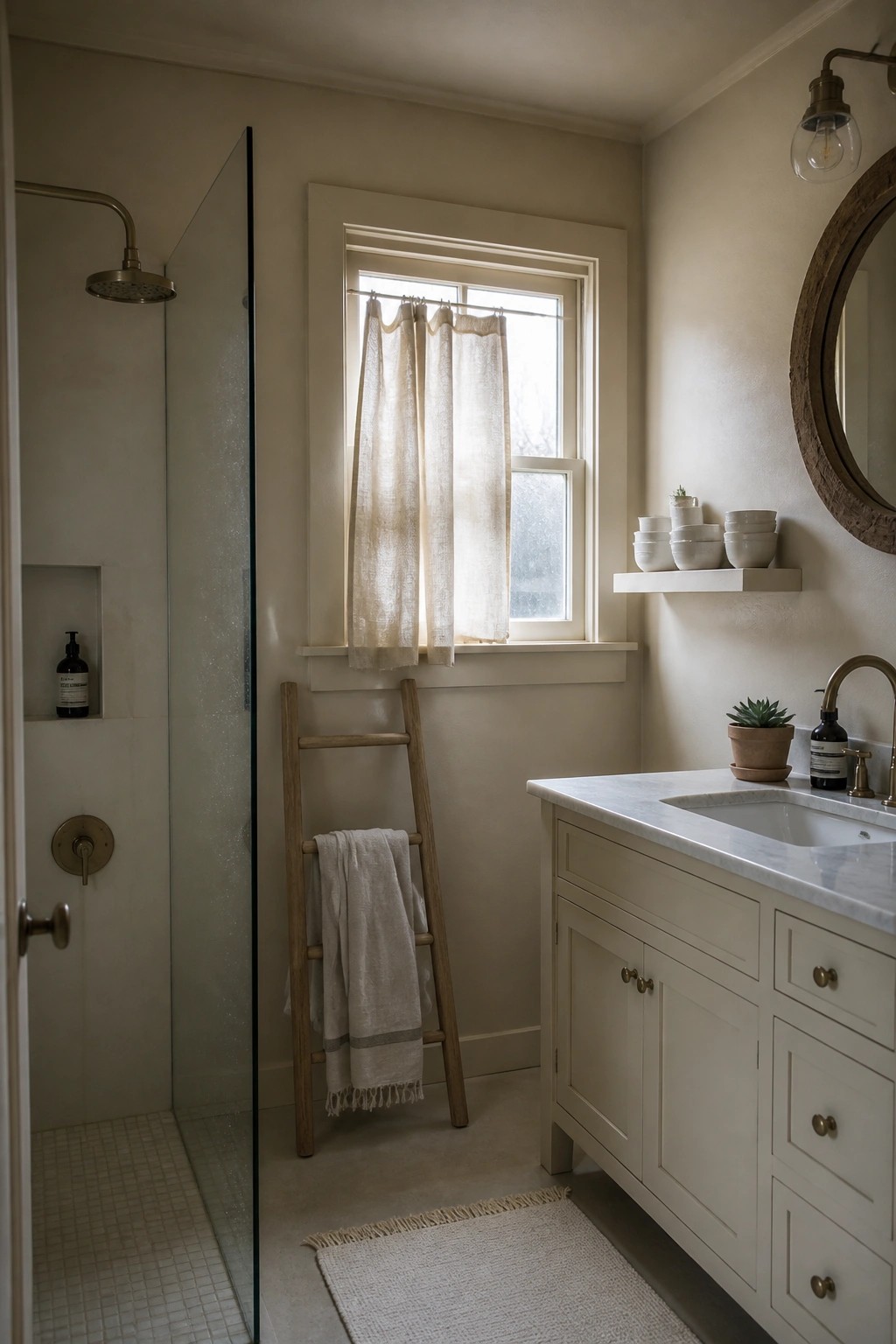 Bathroom walls painted a soft warm greige with a white vanity and wood accents.