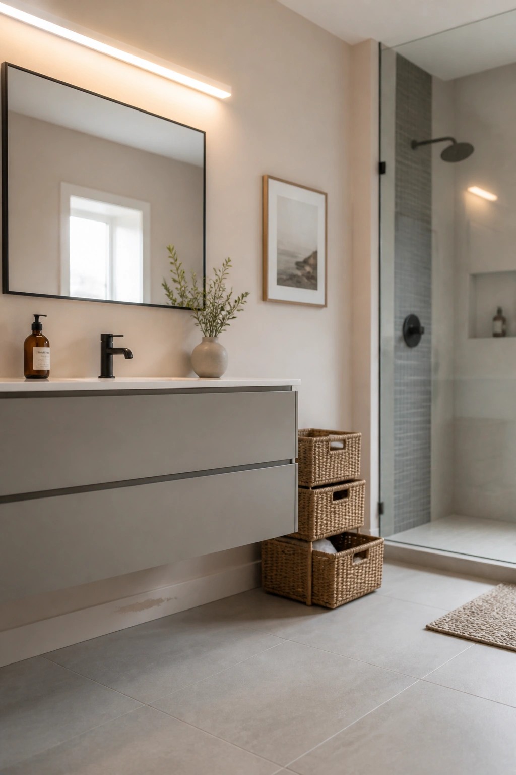 A bathroom featuring soft greige walls with a floating gray vanity and black fixtures.