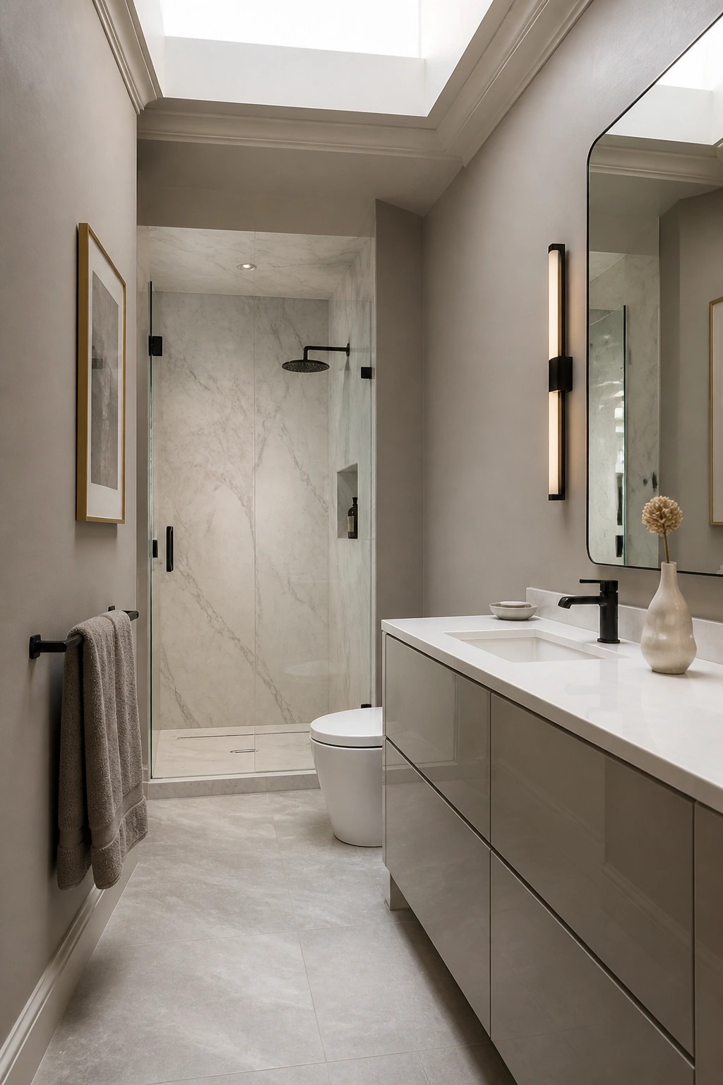 Bathroom walls painted in a soft greige neutral.