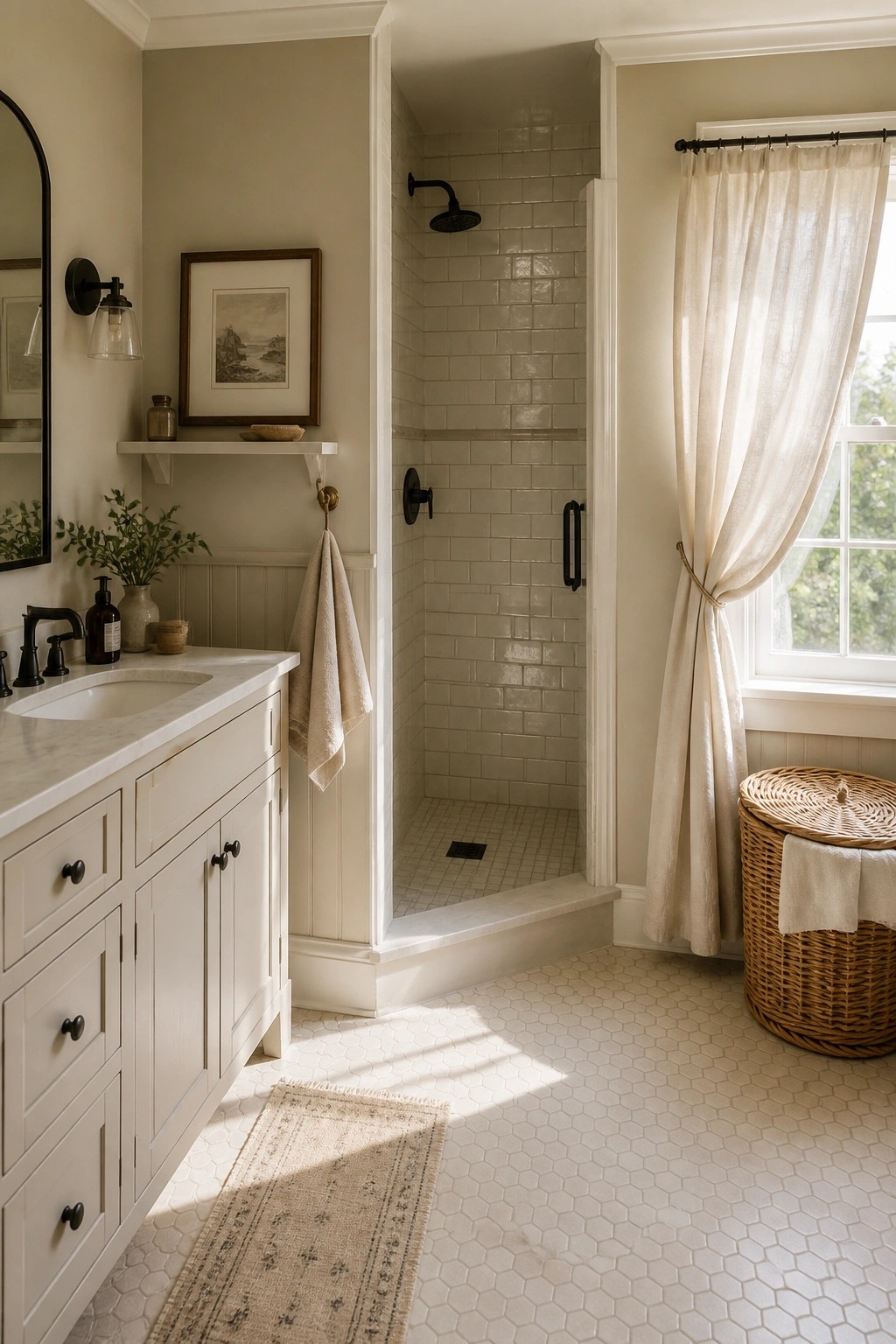 Bathroom walls painted in a soft greige neutral with white trim and marble surfaces.