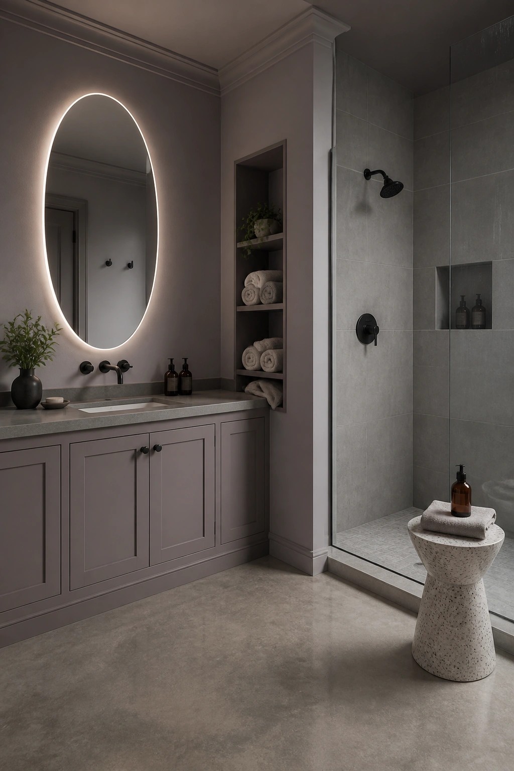 A bathroom with soft greige walls and matching vanity cabinets.