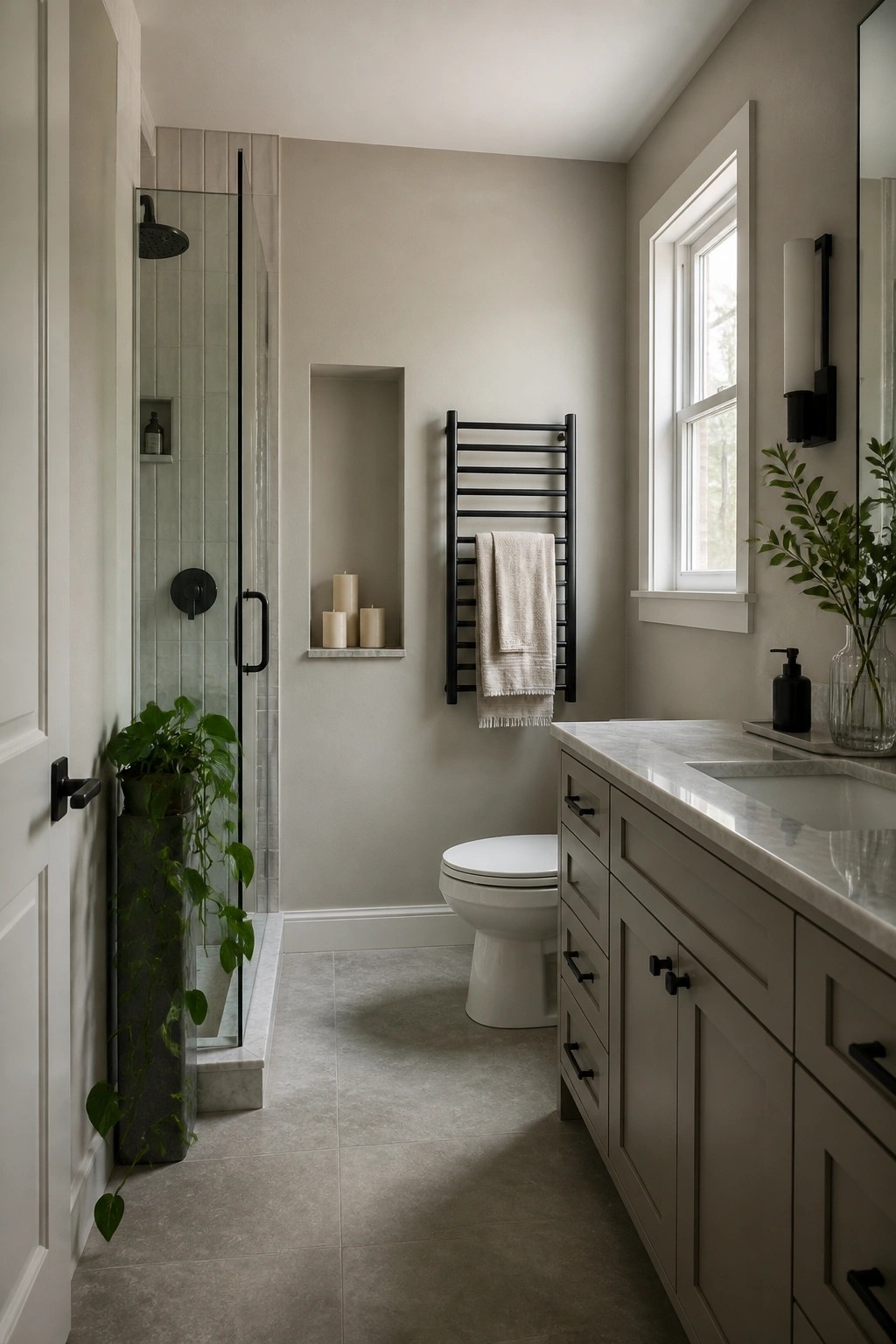 A bathroom with soft greige walls and white vanity.