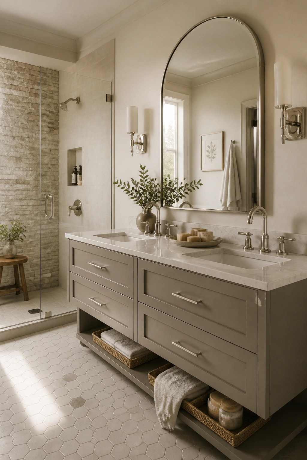 Bathroom vanity painted in a soft greige with marble tops and open storage baskets below.