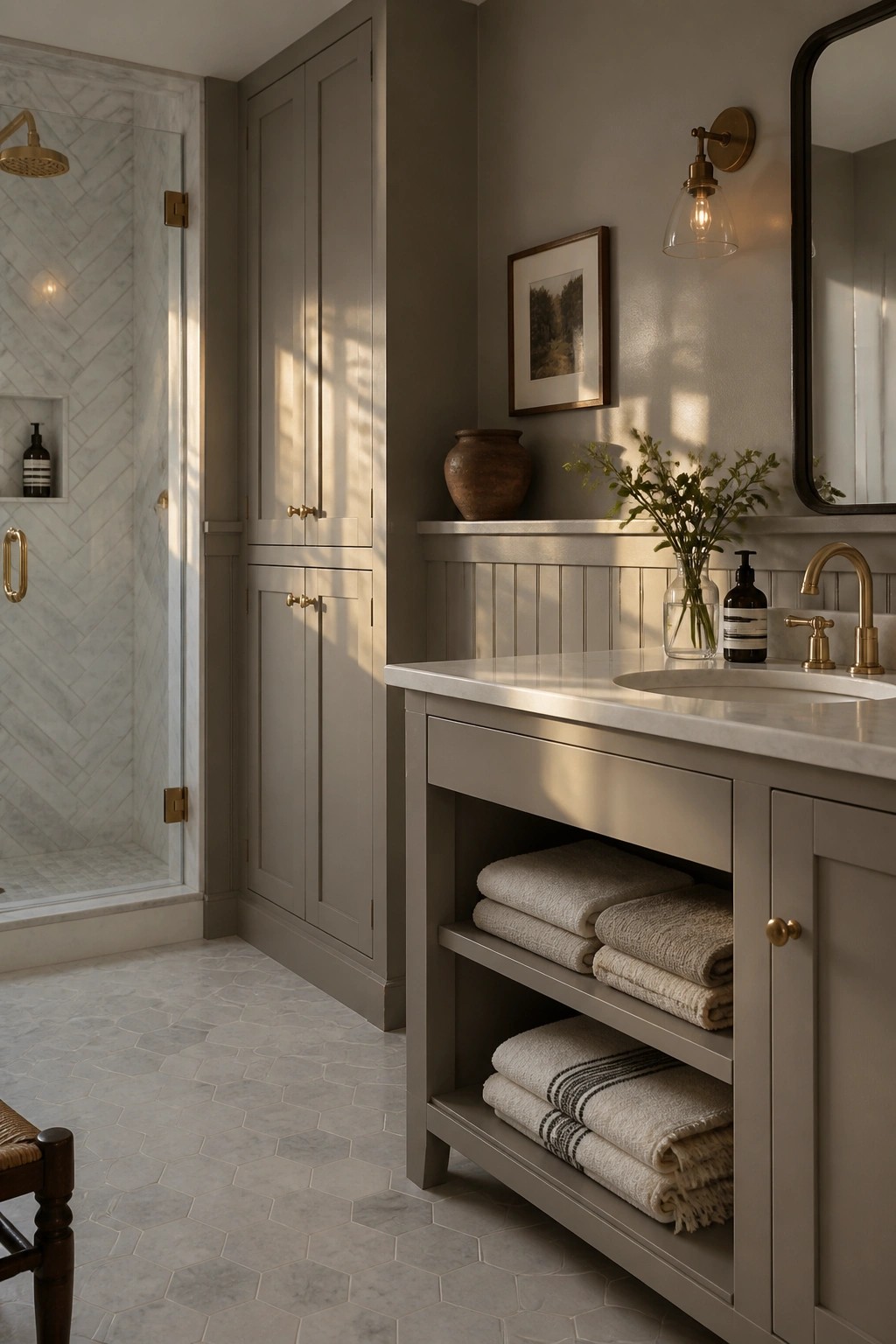 A bathroom with soft greige walls and matching vanity cabinet.