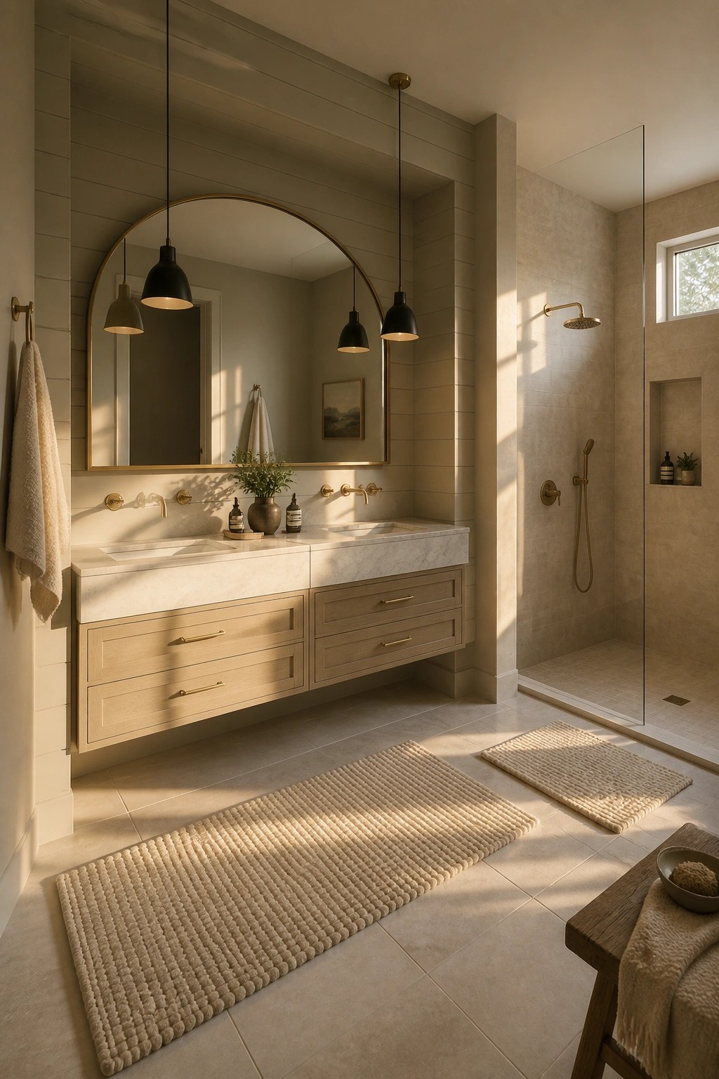 A bathroom with soft greige walls and a floating light wood vanity.