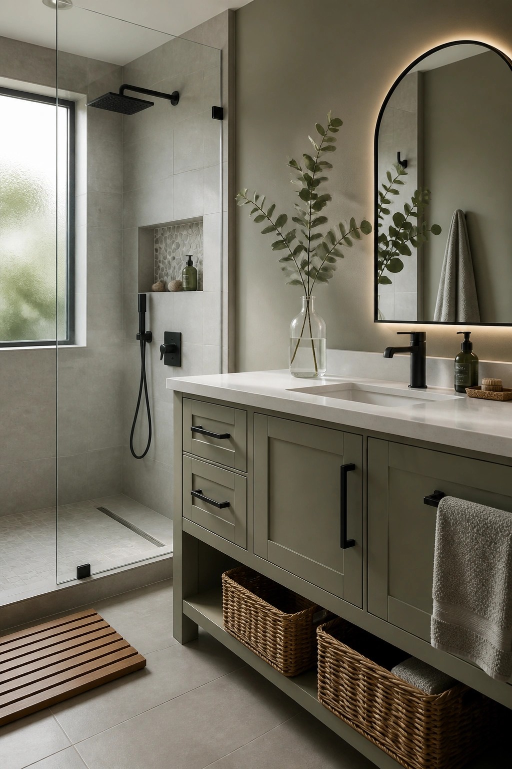 A bathroom featuring soft sage gray paint on the walls and vanity.