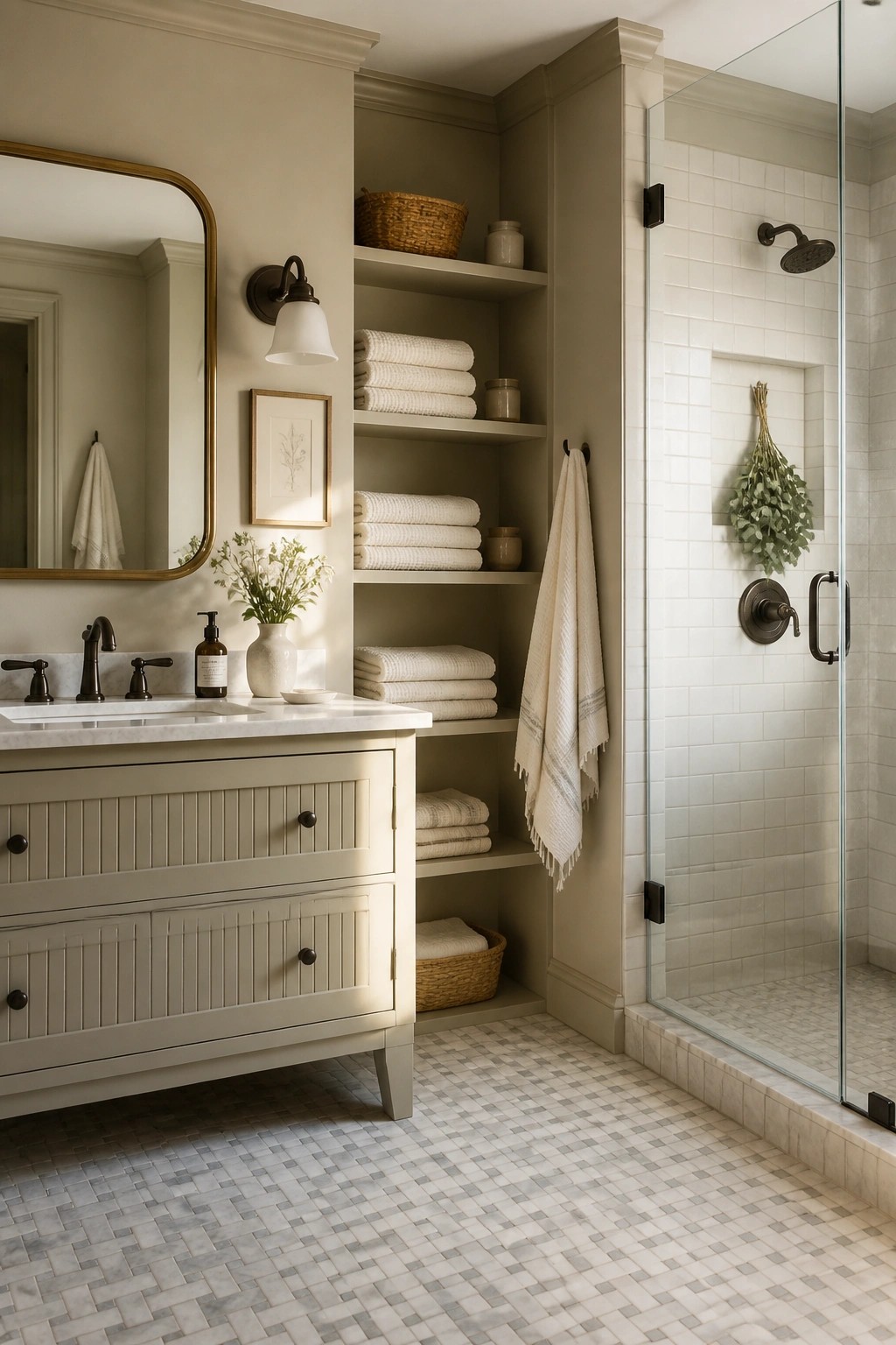 Bathroom with soft sage greige paint on the walls and vanity.