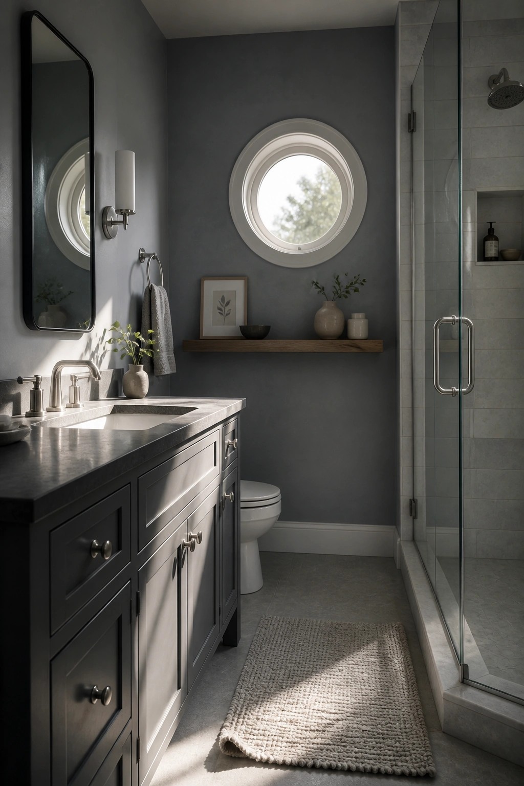 Bathroom walls painted in a soft slate gray with a dark vanity below.