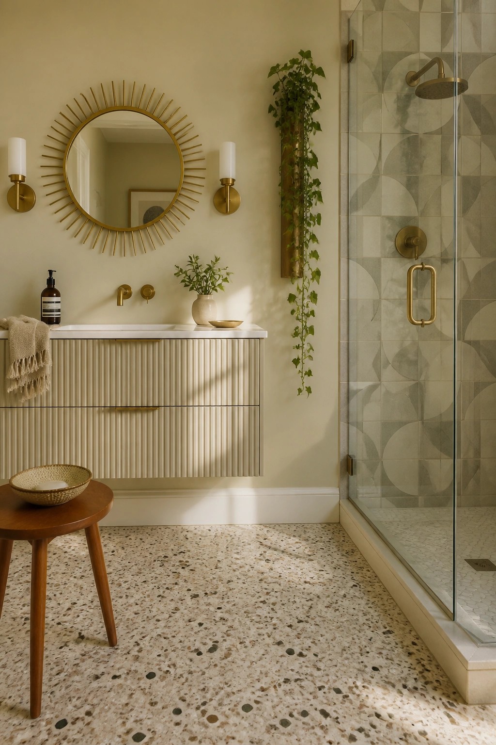 A bathroom with warm beige walls and a floating vanity.