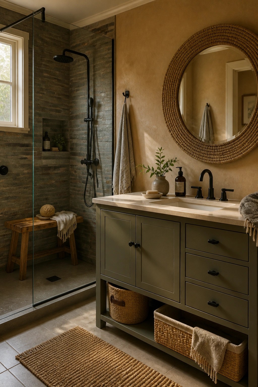Bathroom walls painted in a warm beige next to a green vanity.