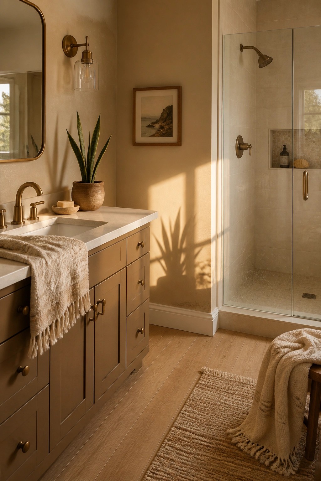 Bathroom walls painted in a soft warm beige.