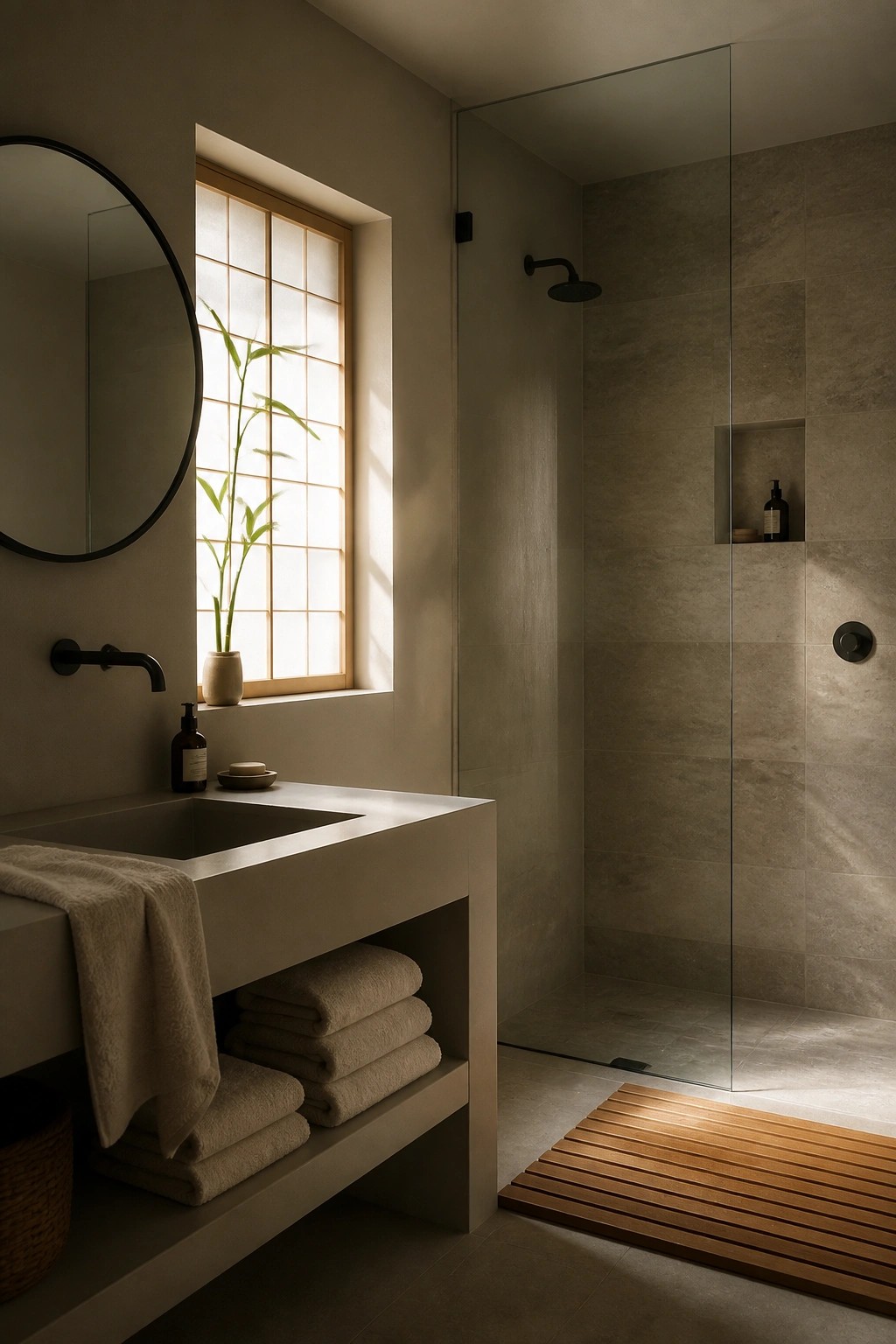 A bathroom with warm greige walls and a matching concrete vanity.