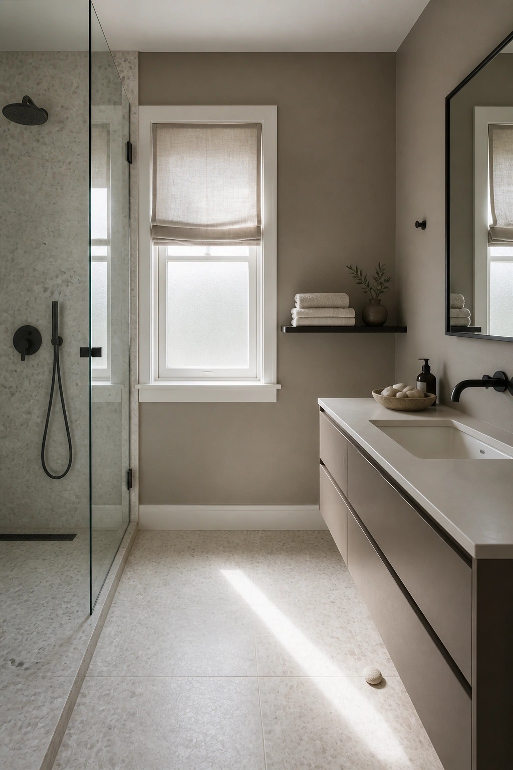 A bathroom with warm greige walls, white trim, and a floating vanity.