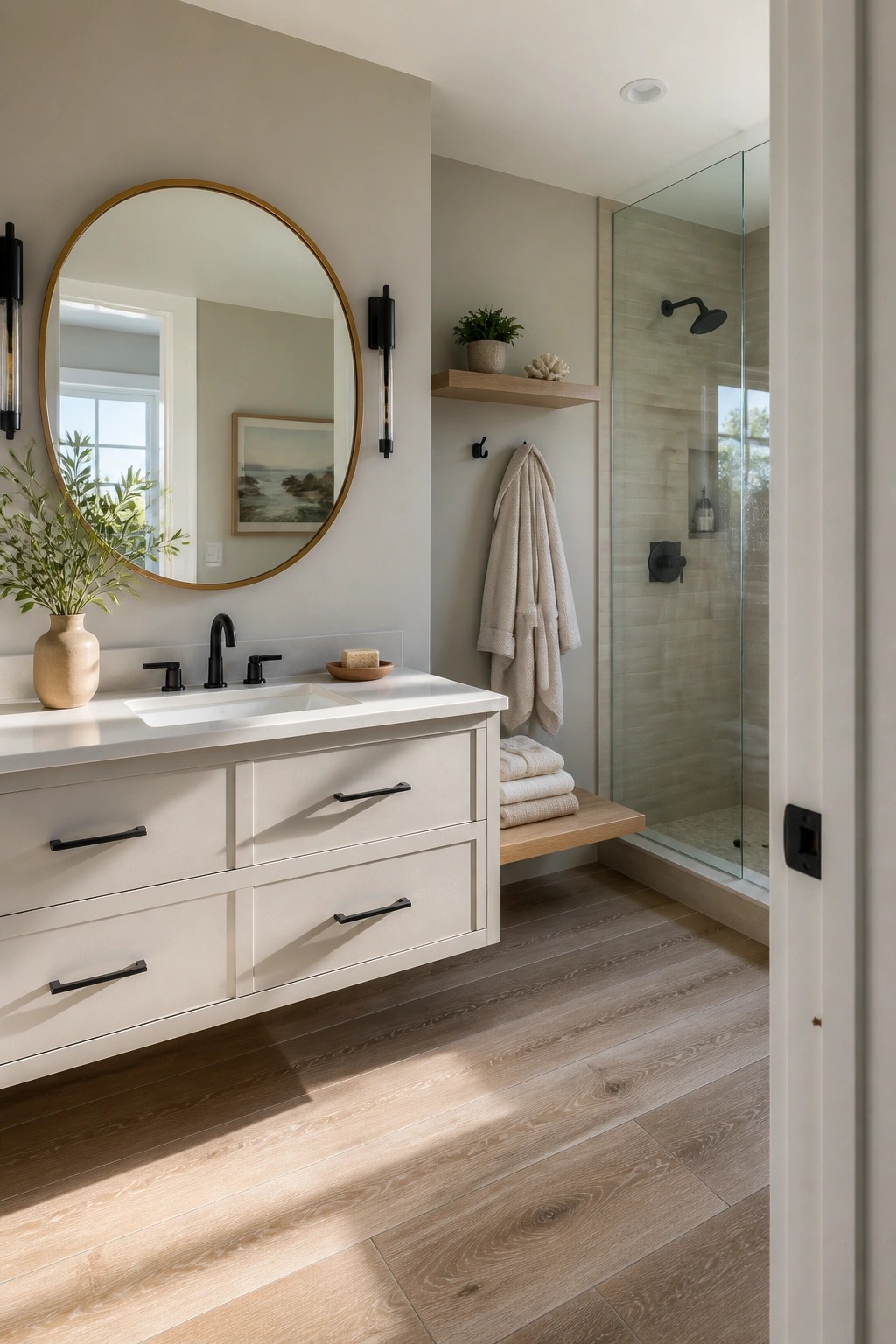 A bathroom featuring warm greige walls with a white floating vanity and wood accents.
