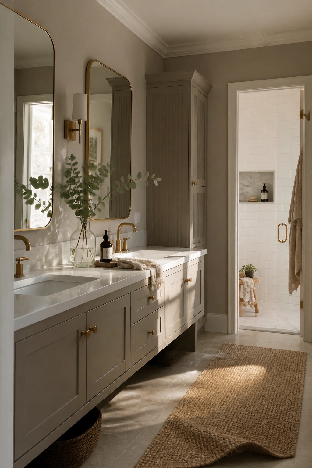 Bathroom with soft greige walls and vanity cabinets.